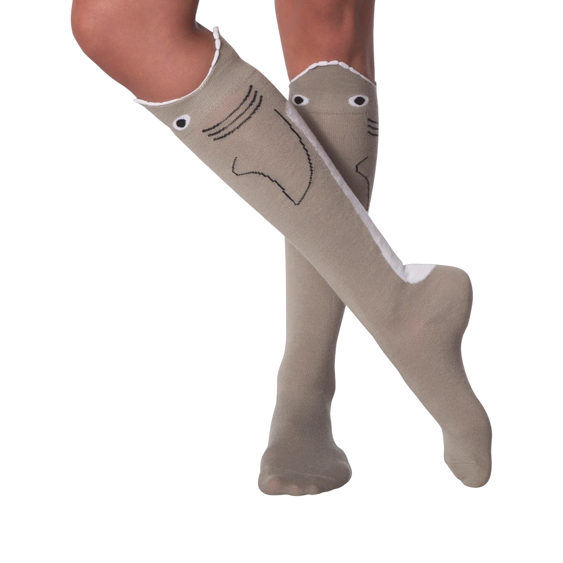Lifestyle shot: Model's legs showing off the knee-high shark socks with legs crossed.
