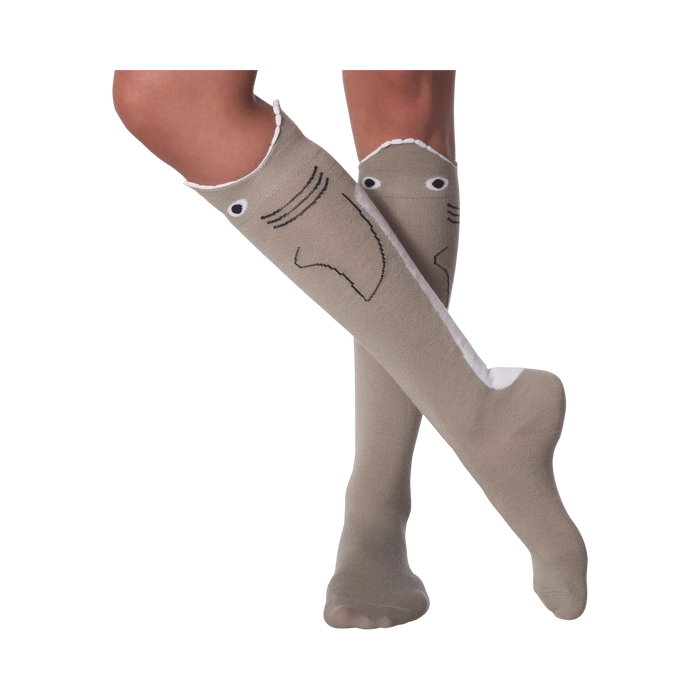 Lifestyle shot: Model's legs showing off the knee-high shark socks with legs crossed.