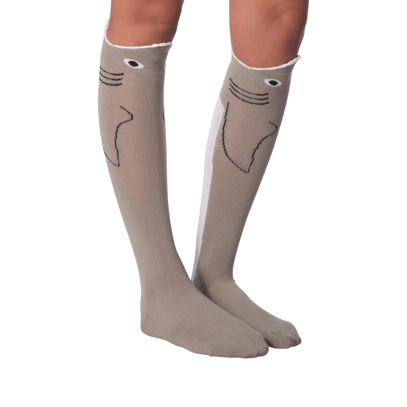 Lifestyle shot: Model's legs crossed, wearing the shark socks. Socks are front and center.