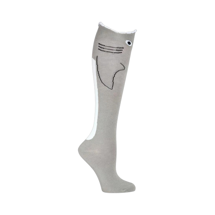 Close-up of a single grey shark sock. Shows off the detail of the shark face and fin.