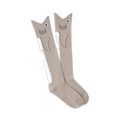 Pair of grey knee-high socks with a whimsical shark face design.  Black outlines and white accents complete the look.