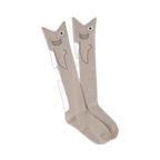 Pair of grey knee-high socks with a whimsical shark face design.  Black outlines and white accents complete the look.