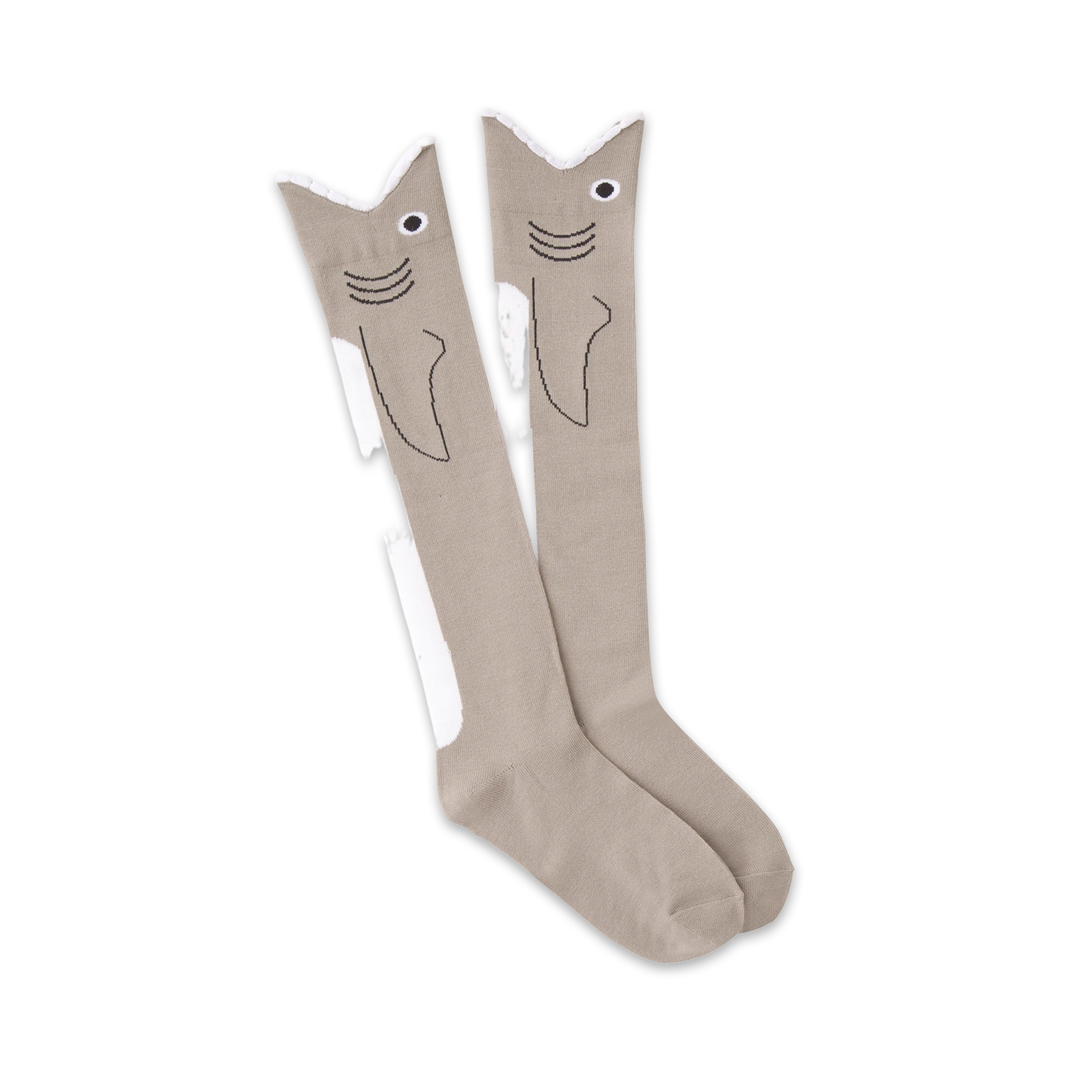 Pair of grey knee-high socks with a whimsical shark face design.  Black outlines and white accents complete the look.