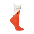 Cream and orange crew socks featuring a whimsical fox face design. The fox's face is on the top of the sock with a scalloped edge.