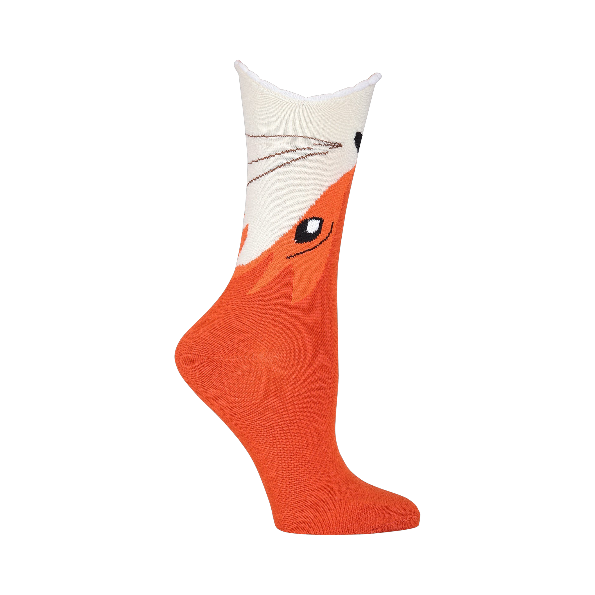 Cream and orange crew socks featuring a whimsical fox face design. The fox's face is on the top of the sock with a scalloped edge.