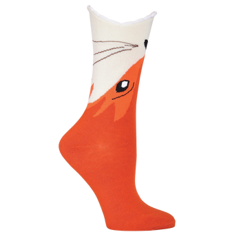 orange crew socks with white cuff featuring cartoon fox face. womens. cotton. fall theme.  