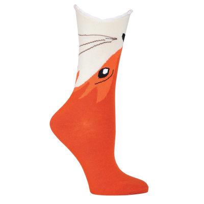 orange crew socks with white cuff featuring cartoon fox face. womens. cotton. fall theme.  