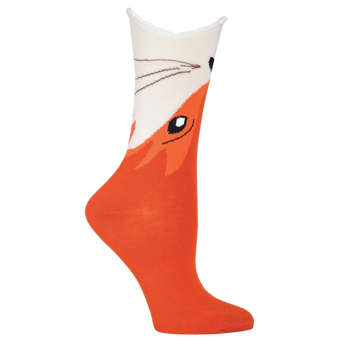 orange crew socks with white cuff featuring cartoon fox face. womens. cotton. fall theme.   }}