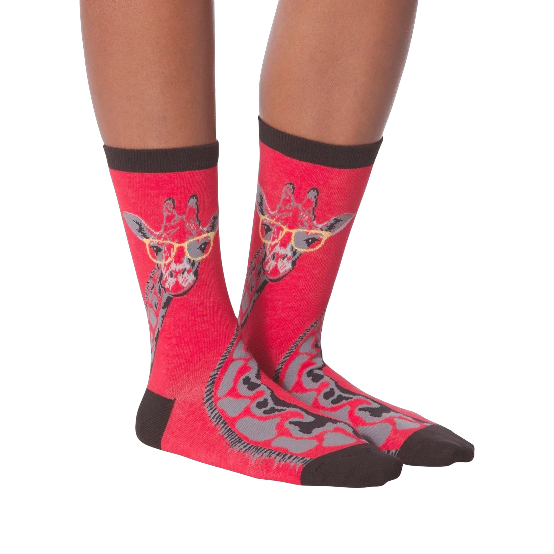 Another lifestyle shot of model wearing red crew socks with a giraffe wearing glasses design.