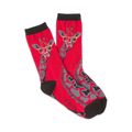 Pair of red crew socks with a whimsical giraffe wearing glasses design. Gray giraffe spots and black cuffs.