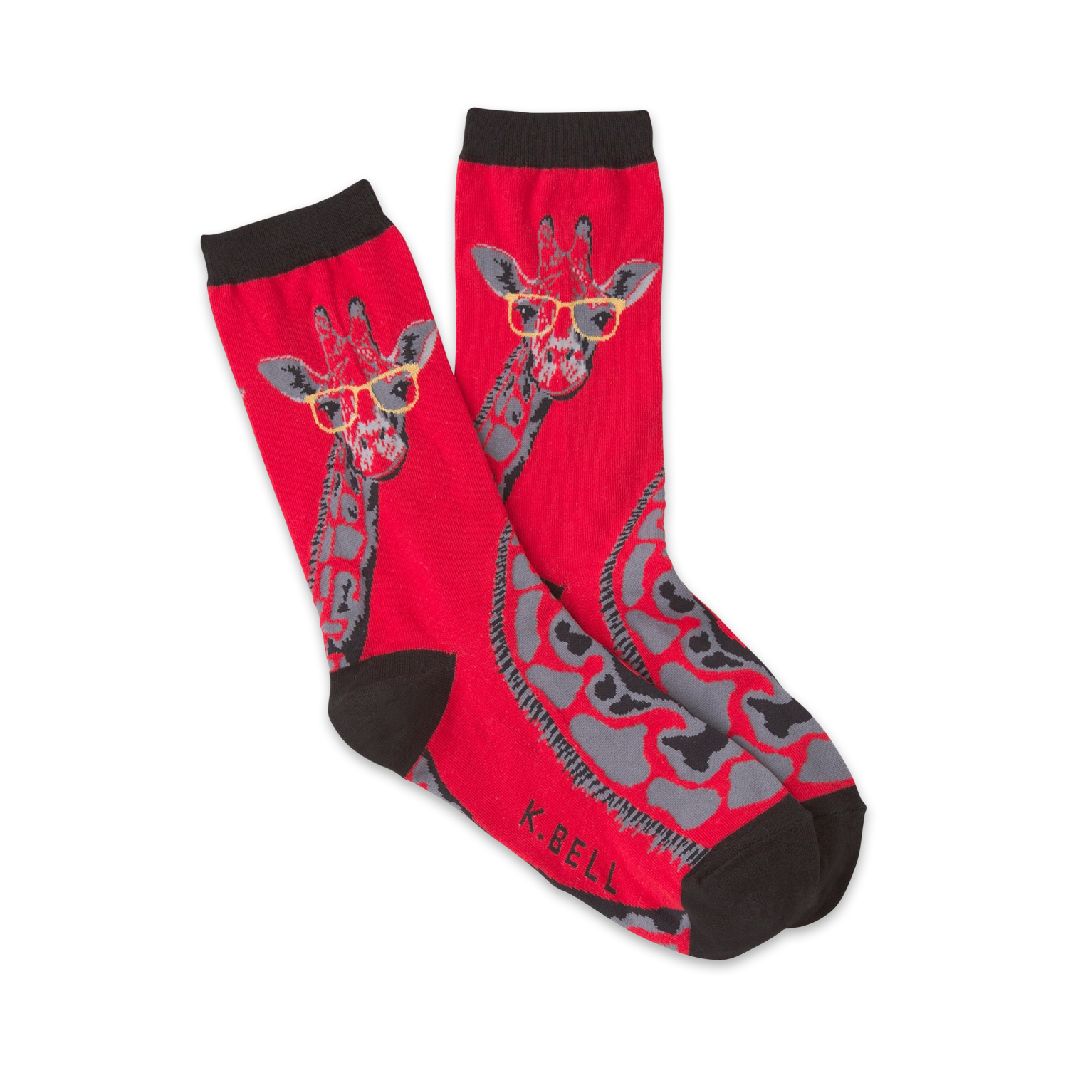Pair of red crew socks with a whimsical giraffe wearing glasses design. Gray giraffe spots and black cuffs.