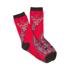 red crew socks featuring a pattern of gray and black giraffes wearing black glasses.  