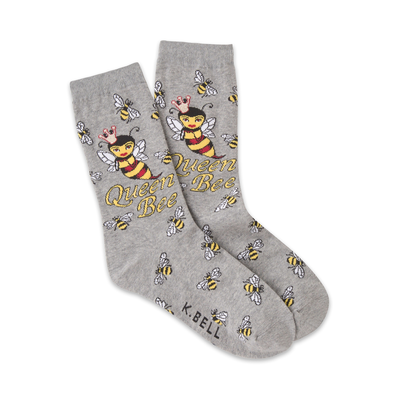 A pair of grey crew socks with a fun design.  The main image is a crowned bee with the words 'Queen Bee' repeated throughout.  Smaller bees are scattered on the socks as well.
