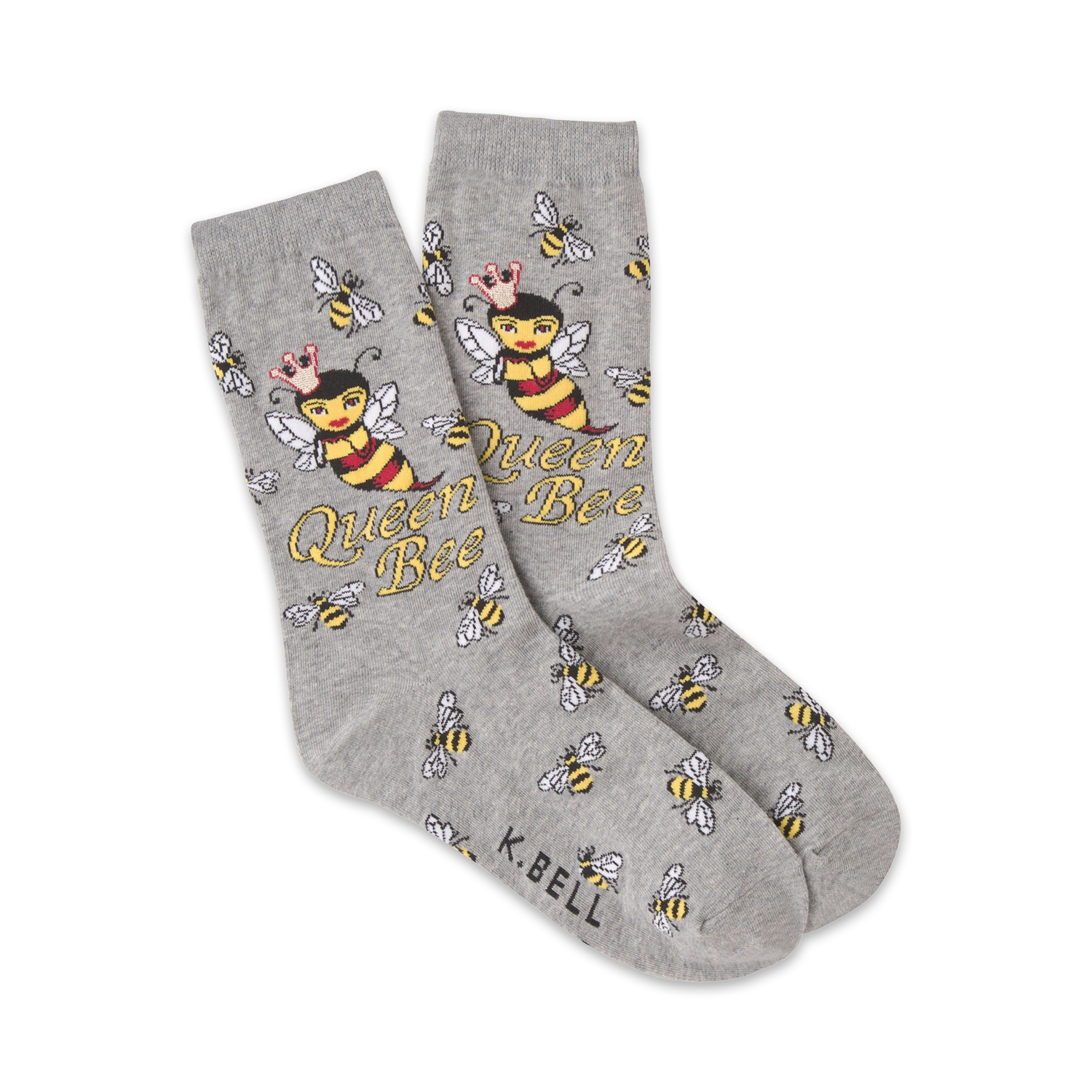 A pair of grey crew socks with a fun design.  The main image is a crowned bee with the words 'Queen Bee' repeated throughout.  Smaller bees are scattered on the socks as well.