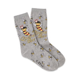 gray crew socks with a pattern of small and large bees. large bees wear crowns and have the words 'queen bee' on them.   