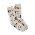 Pair of grey crew socks with a repeating pattern of brown and black illustrated dogs sitting down.