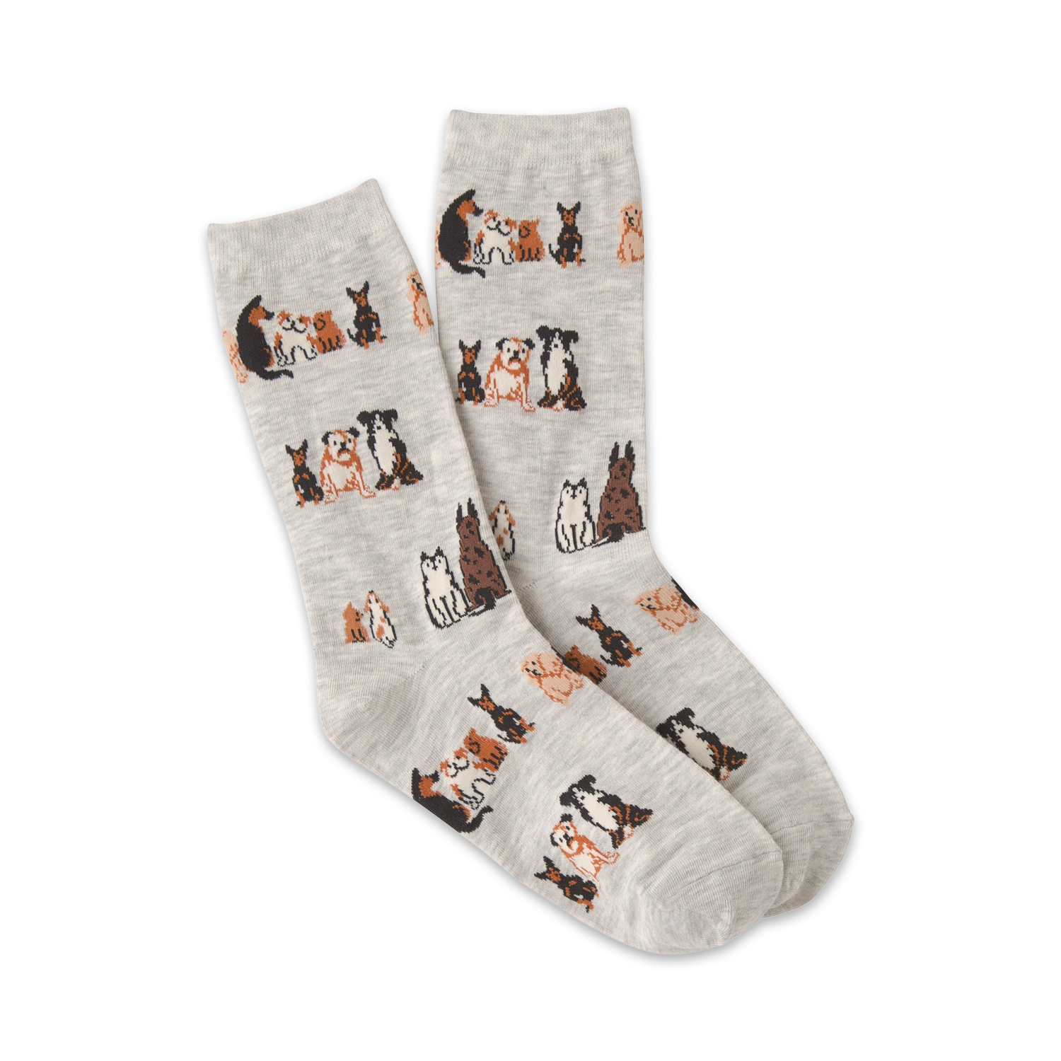 Pair of grey crew socks with a repeating pattern of brown and black illustrated dogs sitting down.