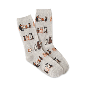 gray crew socks with brown, black, and white dogs sitting pattern.   