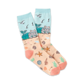 Crew socks featuring peach, teal, and gray colors. Design includes cats with mermaid tails on a beach with seashells and starfish.