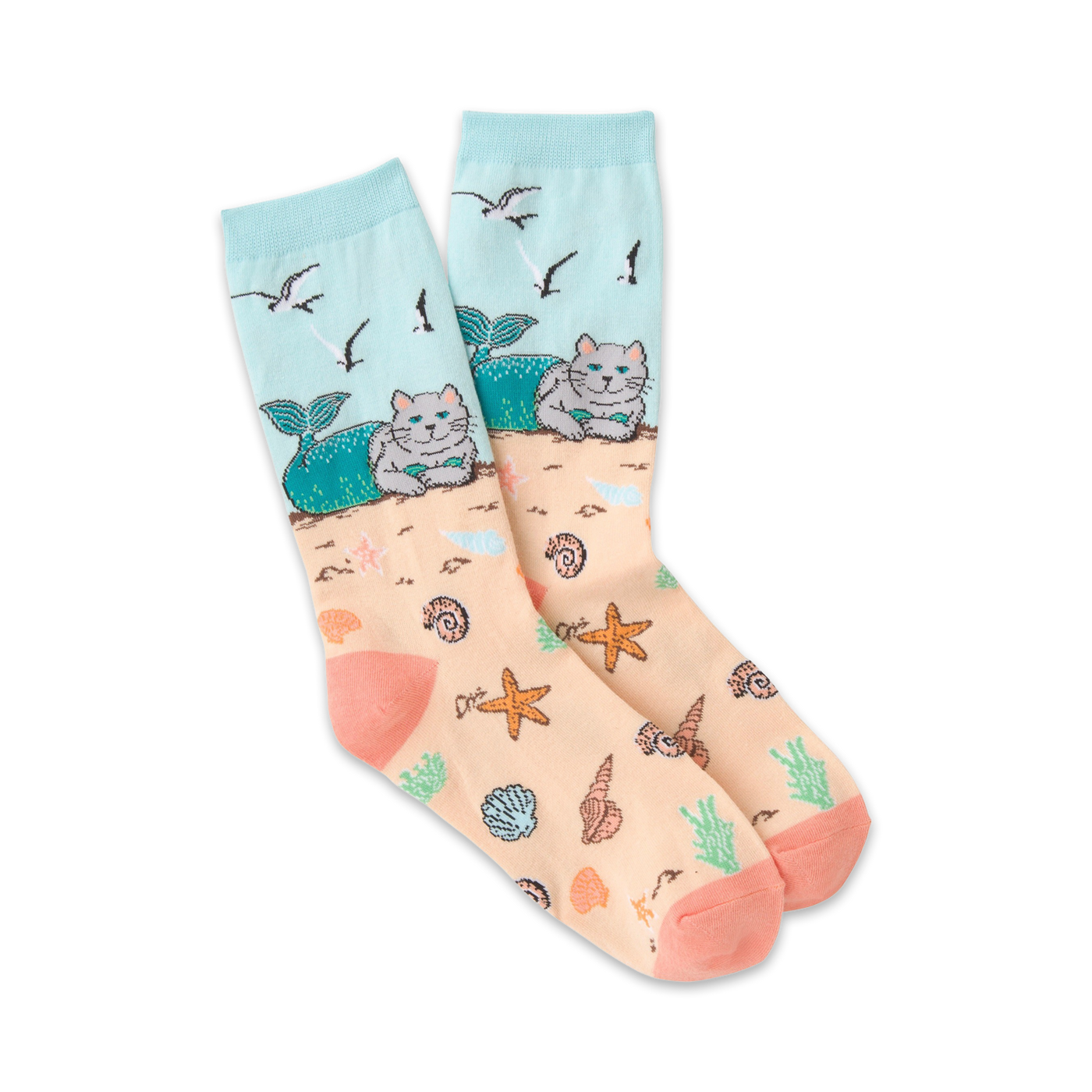 Crew socks featuring peach, teal, and gray colors. Design includes cats with mermaid tails on a beach with seashells and starfish.