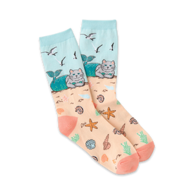 womens crew socks with cat mermaid tail design in pink, gray, and blue with white seagulls.  