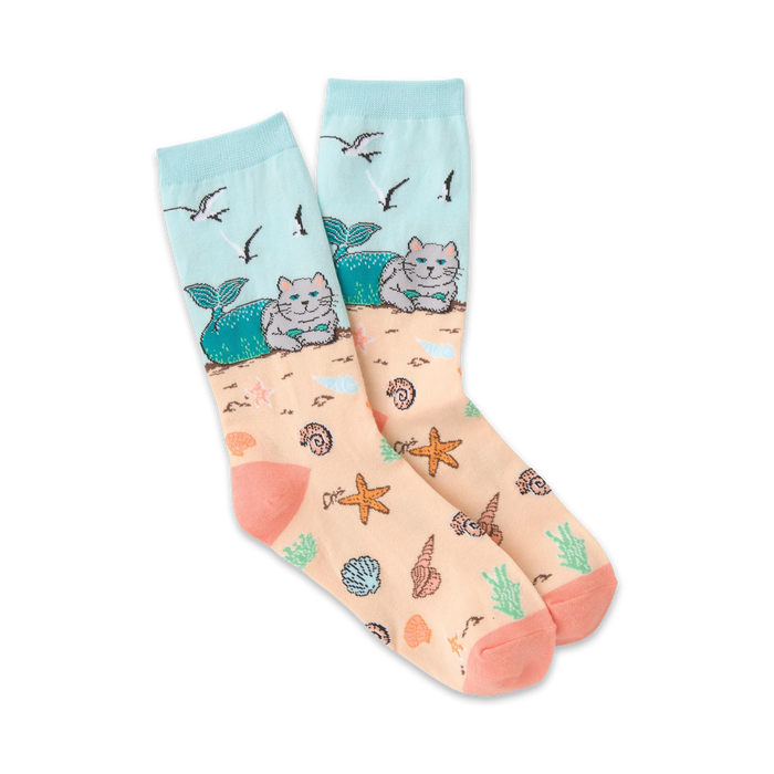 womens crew socks with cat mermaid tail design in pink, gray, and blue with white seagulls.   }}