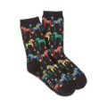 Pair of crew socks with a black background featuring a pattern of colorful Swedish Dala horses and flowers. The socks are predominantly black, red, yellow, blue, and green.