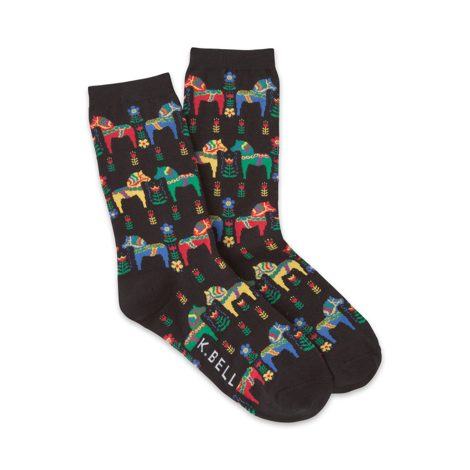 Pair of crew socks with a black background featuring a pattern of colorful Swedish Dala horses and flowers. The socks are predominantly black, red, yellow, blue, and green.