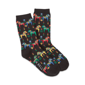 black crew socks featuring multicolored swedish prancing horses, surrounded by yellow flowers with red centers.   