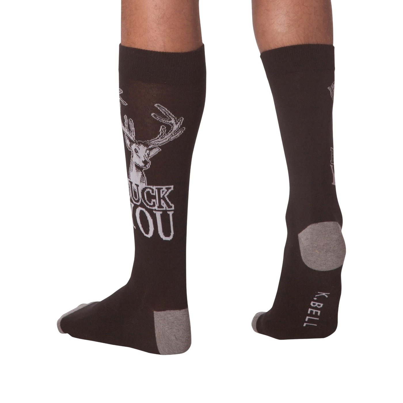 Back view of a person wearing a pair of 'Buck You' socks.