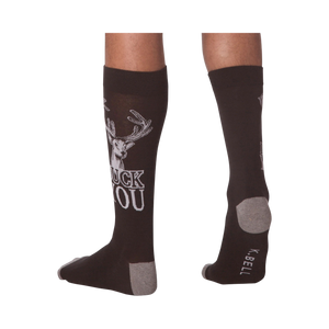 Back view of a person wearing a pair of 'Buck You' socks.