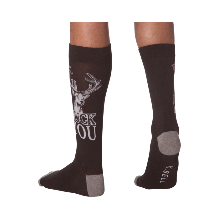 Back view of a person wearing a pair of 'Buck You' socks.