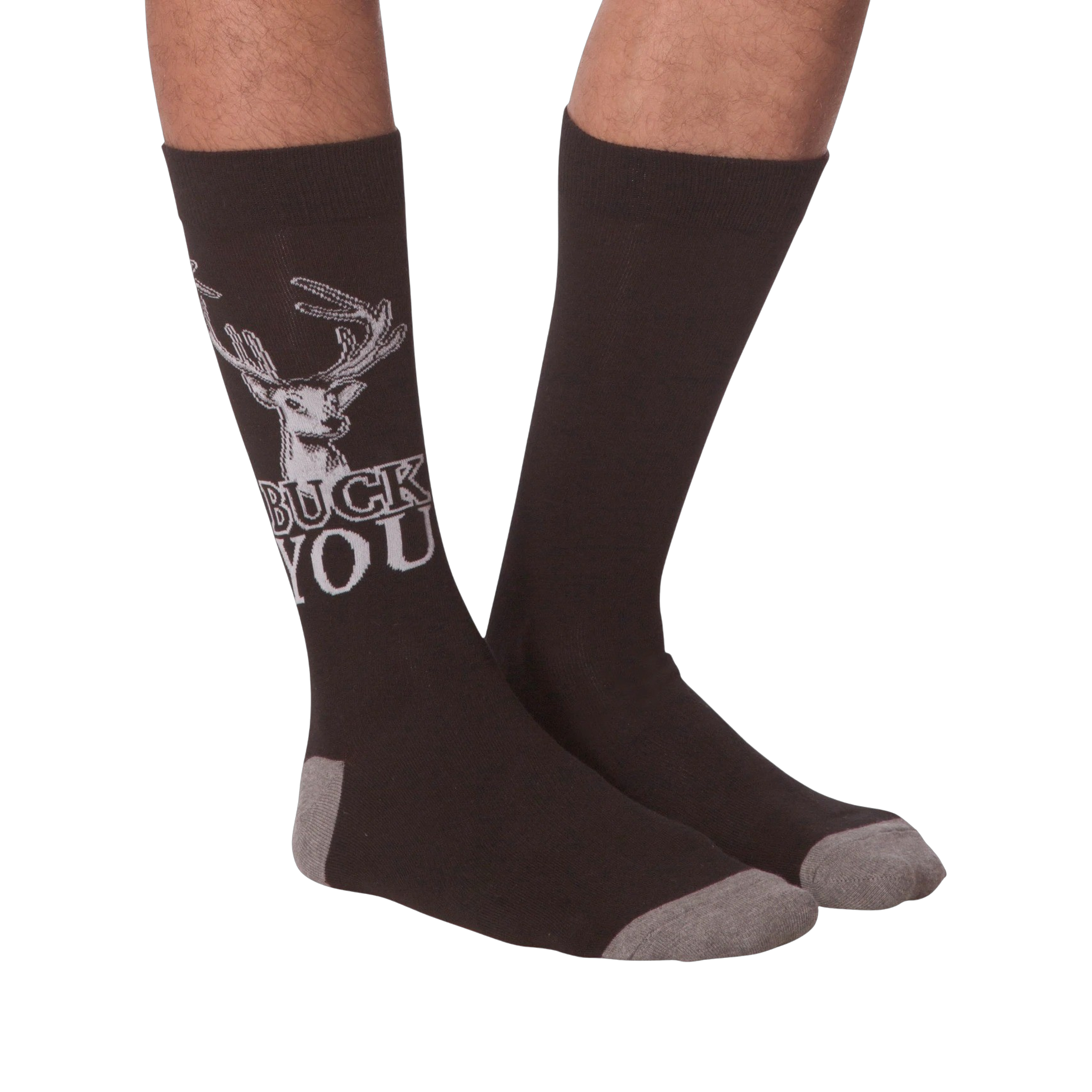 Flat lay of 'Buck You' socks, showing both socks.