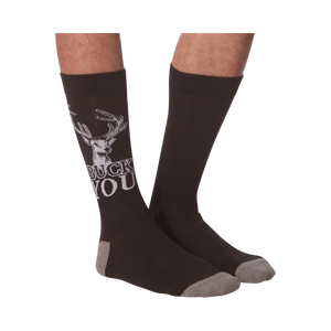 Flat lay of 'Buck You' socks, showing both socks.