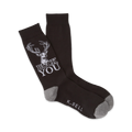 A pair of dark brown crew socks with a white deer graphic and the phrase 'BUCK YOU'. Gray accents at the heel and toe.