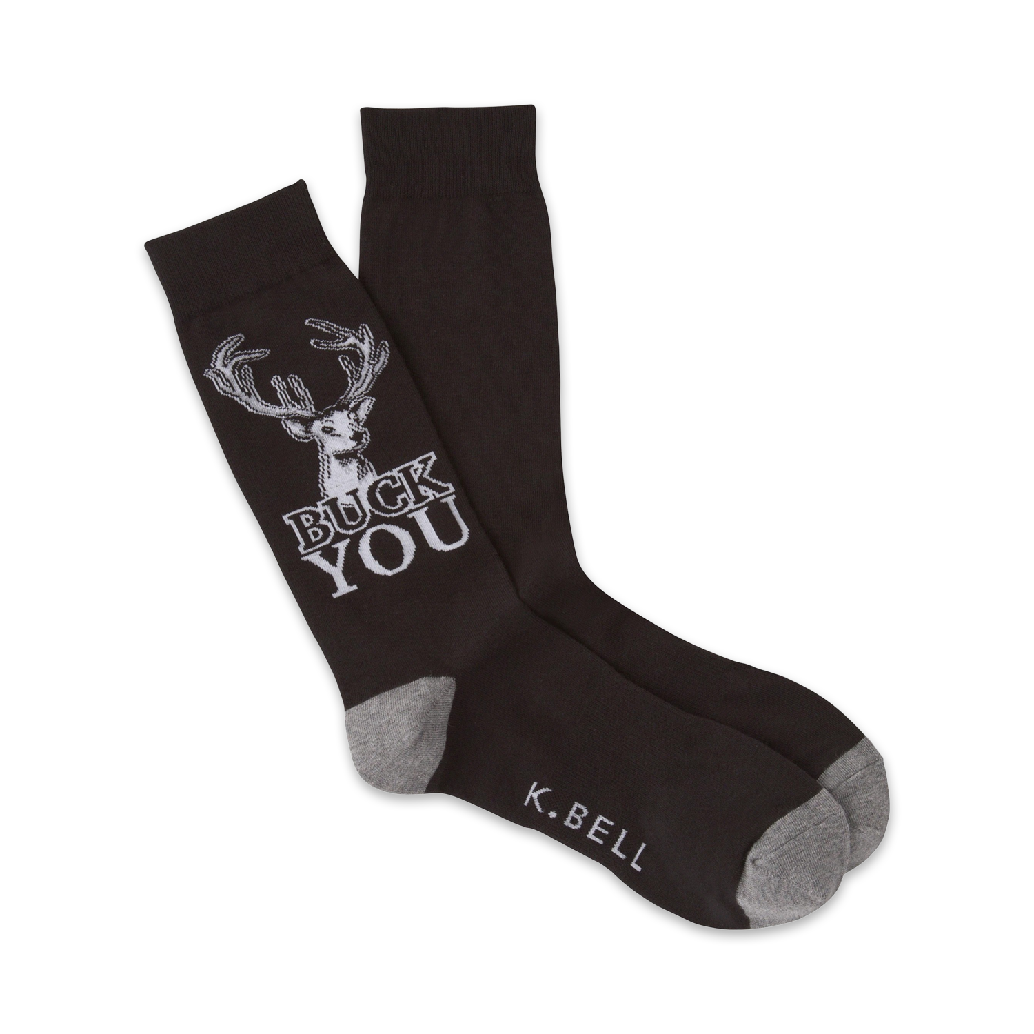 A pair of dark brown crew socks with a white deer graphic and the phrase 'BUCK YOU'. Gray accents at the heel and toe.