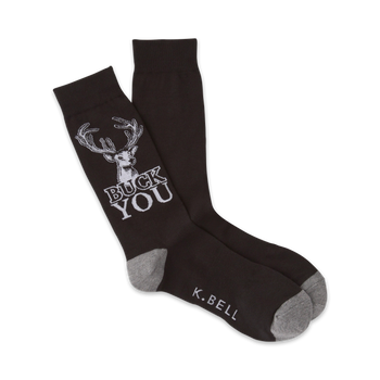 brown "buck you" crew socks with deer graphic, made for men by k. bell.   