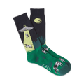 Crew socks in dark blue and green, depicting a UFO abducting cows under a full moon.  Fun, quirky illustration.