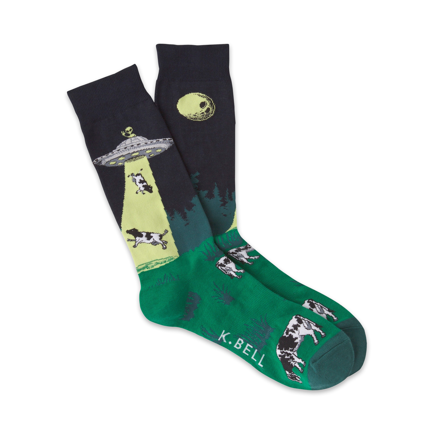 Crew socks in dark blue and green, depicting a UFO abducting cows under a full moon.  Fun, quirky illustration.