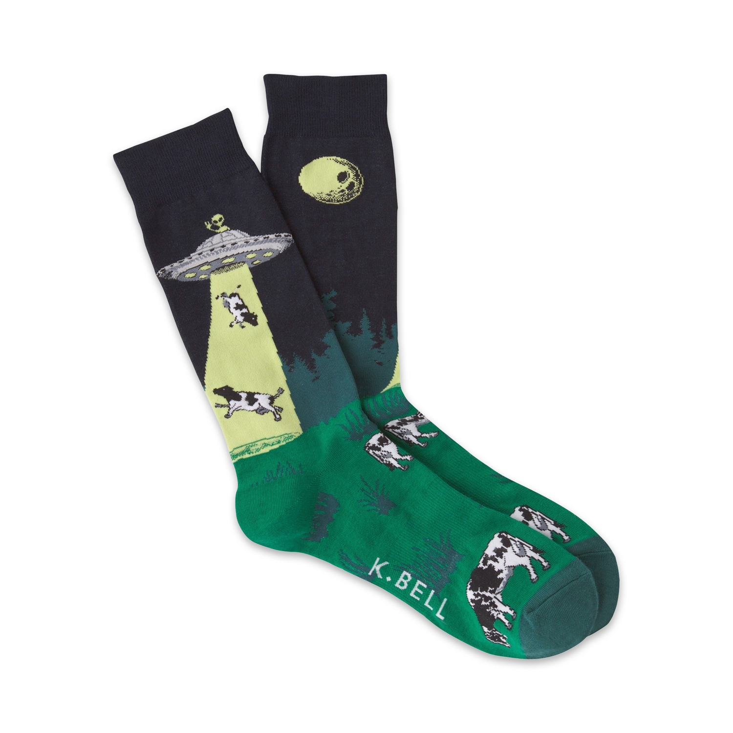Crew socks in dark blue and green, depicting a UFO abducting cows under a full moon.  Fun, quirky illustration.