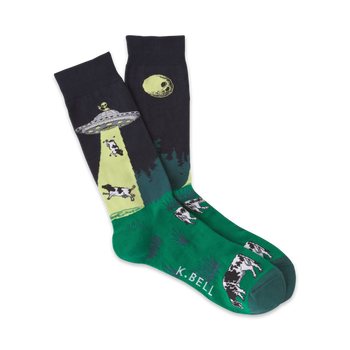  mens crew socks with ufo abducting cows pattern in black, green and white  