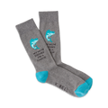 Pair of gray crew socks with teal accents. Design includes a teal fish graphic and the text 'My Mom thinks I'm a Catch'.