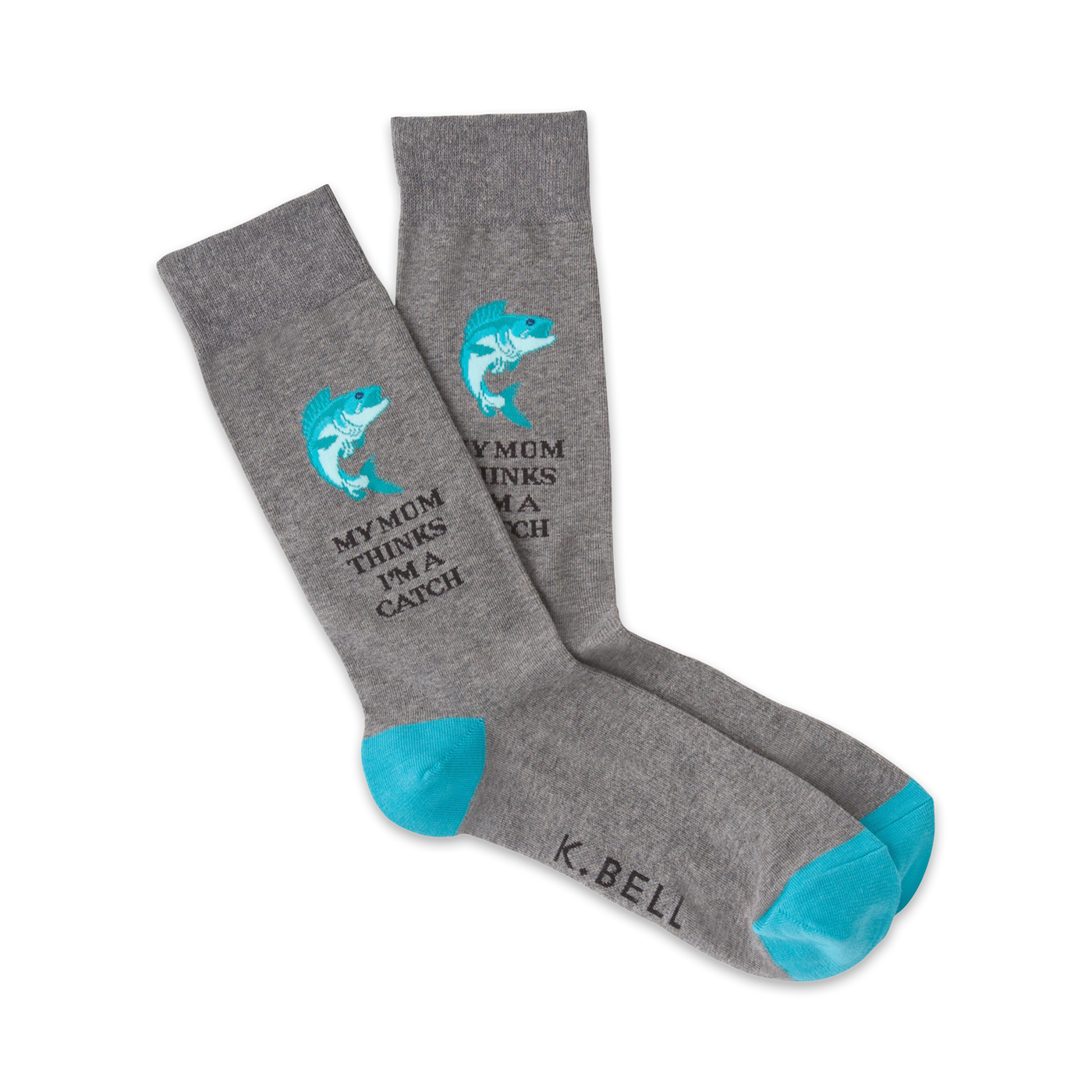 Pair of gray crew socks with teal accents. Design includes a teal fish graphic and the text 'My Mom thinks I'm a Catch'.