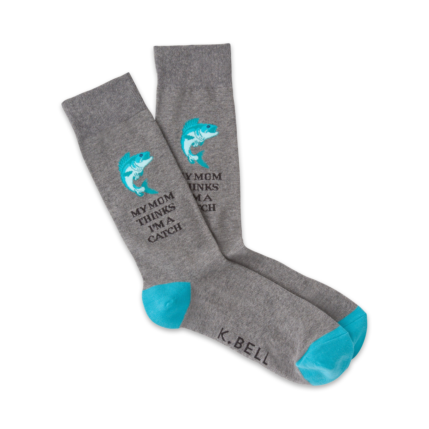 Pair of gray crew socks with teal accents. Design includes a teal fish graphic and the text 'My Mom thinks I'm a Catch'.