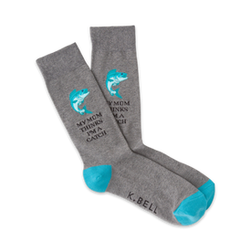 mens crew sock with blue fish icon and 'my mom thinks i'm a catch' text   