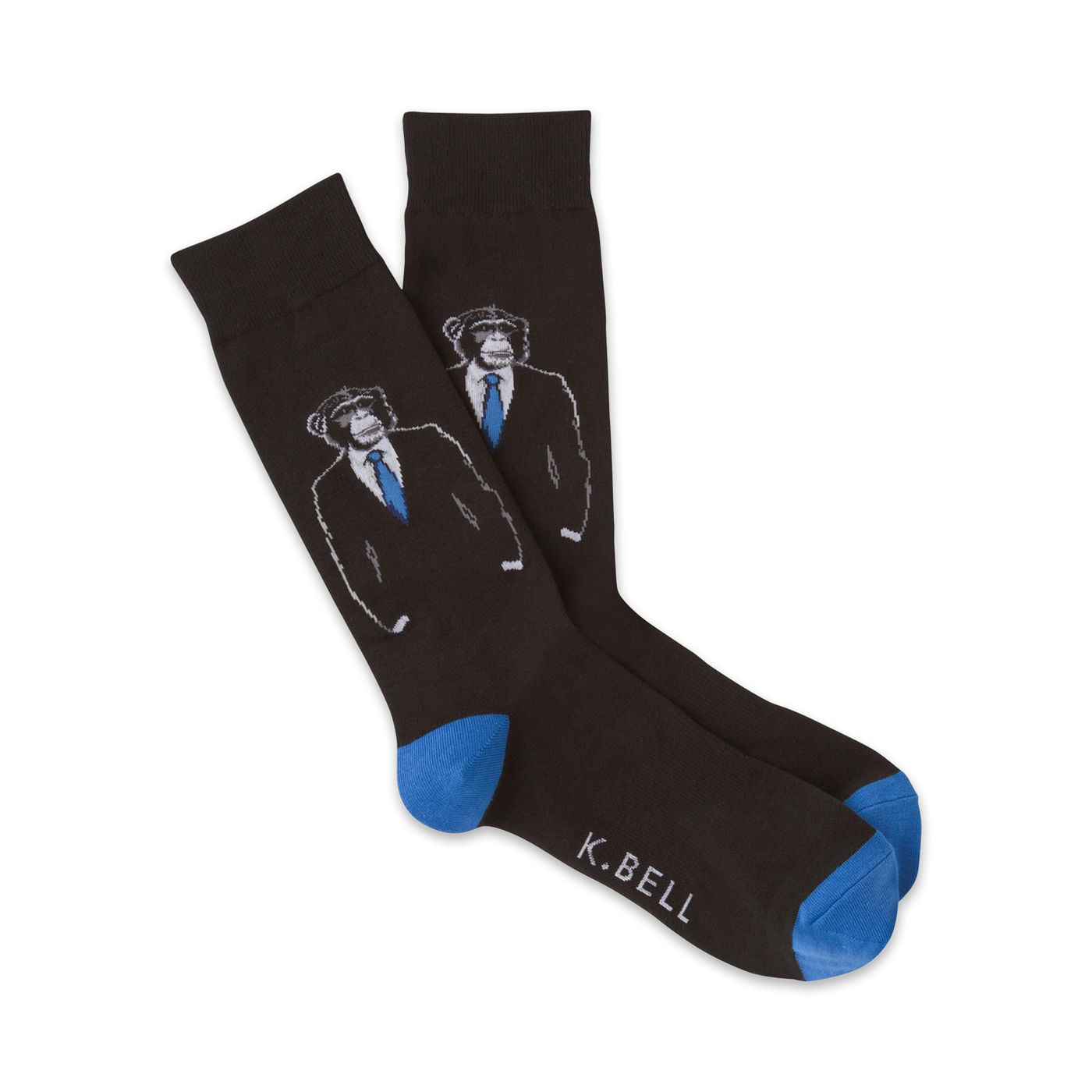 A pair of dark gray crew socks featuring a design of monkeys wearing suits and blue ties. The socks have bright blue cuffs.