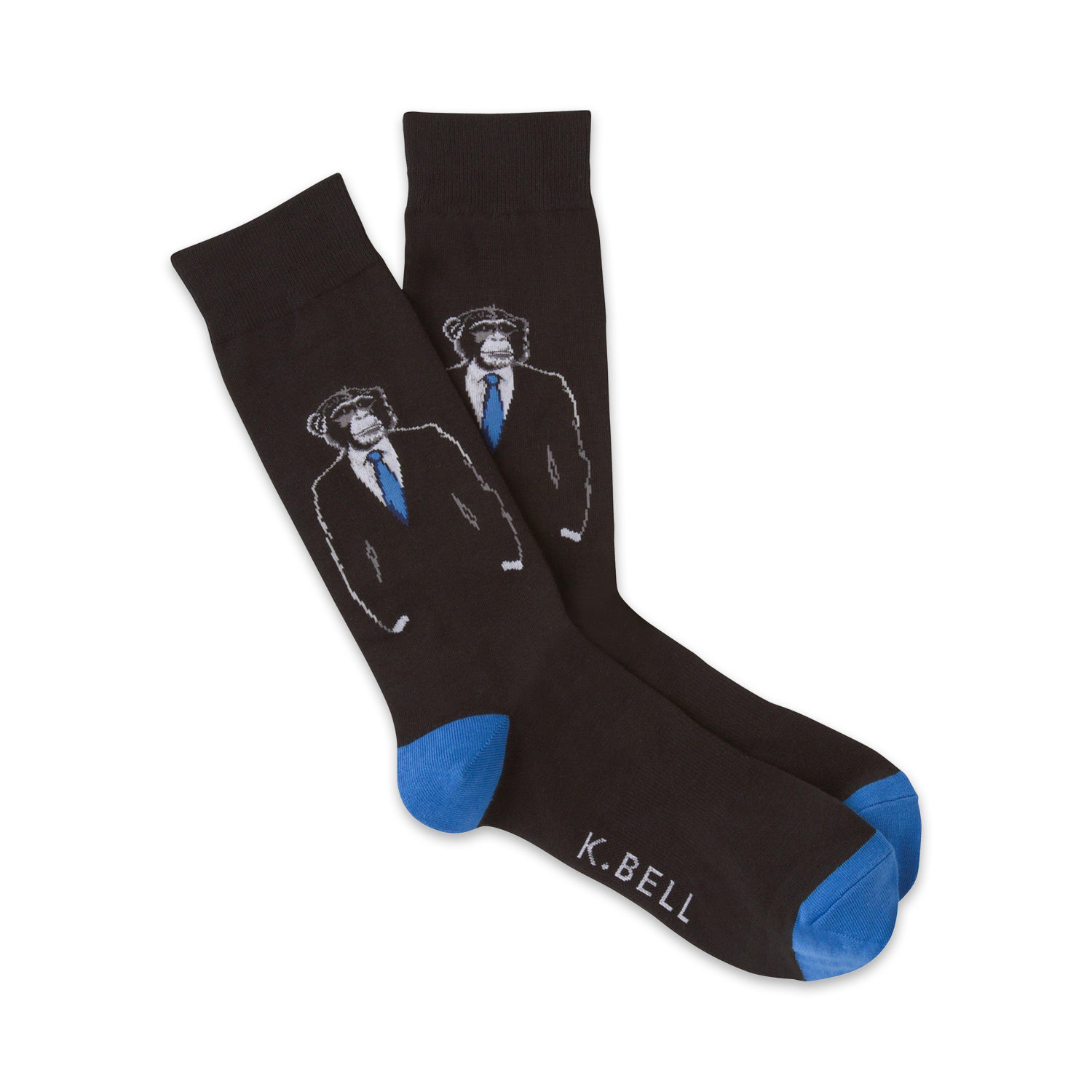 A pair of dark gray crew socks featuring a design of monkeys wearing suits and blue ties. The socks have bright blue cuffs.
