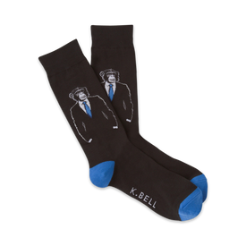 black socks with monkey suit pattern, blue toes and heels, mens, crew length   