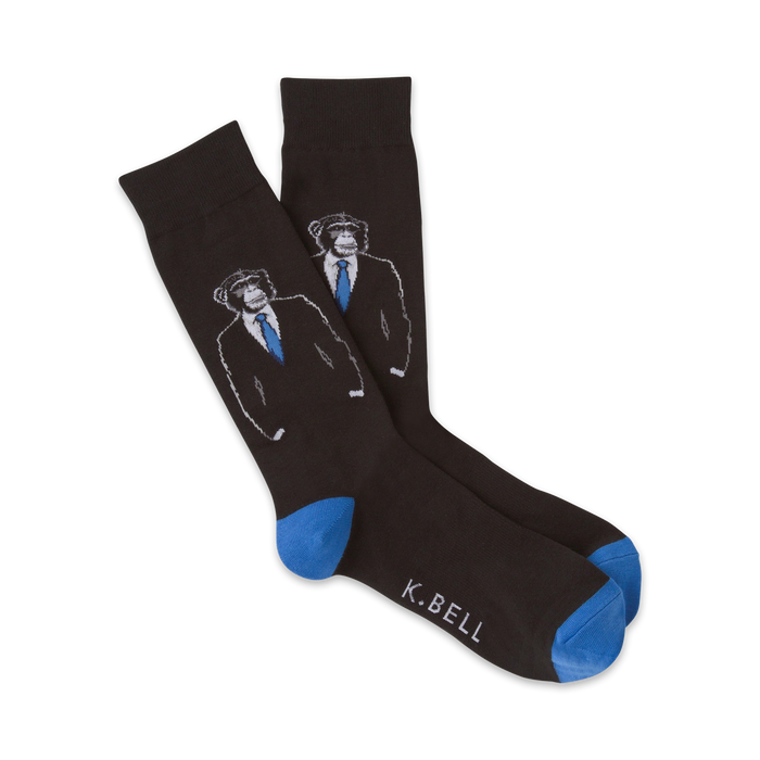 black socks with monkey suit pattern, blue toes and heels, mens, crew length    }}
