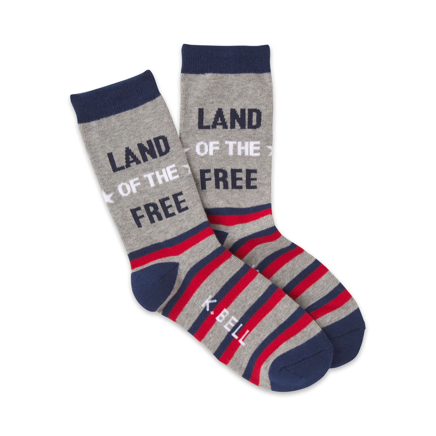 A pair of crew socks in grey, red, and navy blue.  The socks feature horizontal stripes and the text 'Land of the Free'.